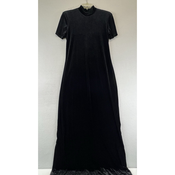 Vintage Velvet Maxi Dress Black Mock short Sleeve Gothic Glam Romantic - Picture 1 of 13